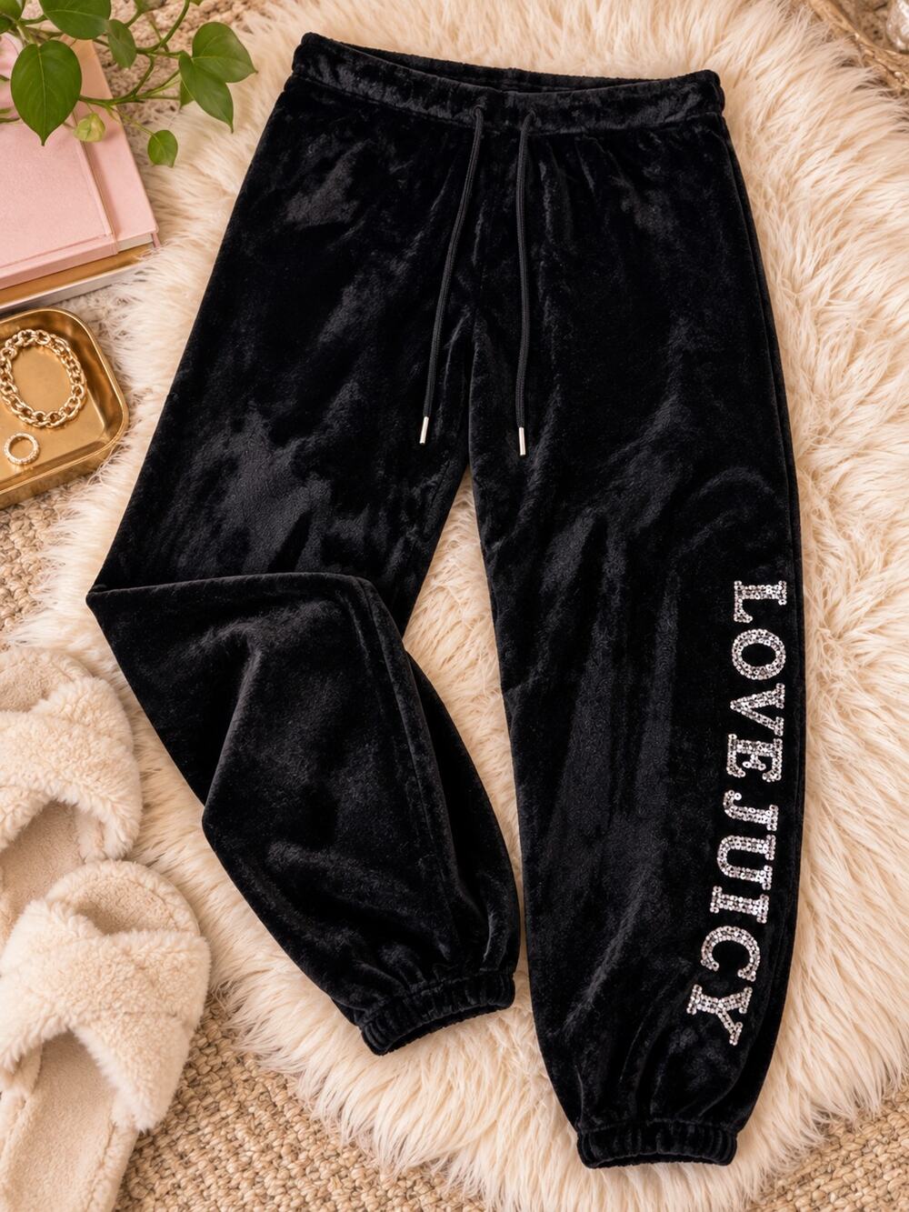 JUICY COUTURE Black Velour Pants Medium LOVE JUICY Sequin Y2K Lounge Joggers